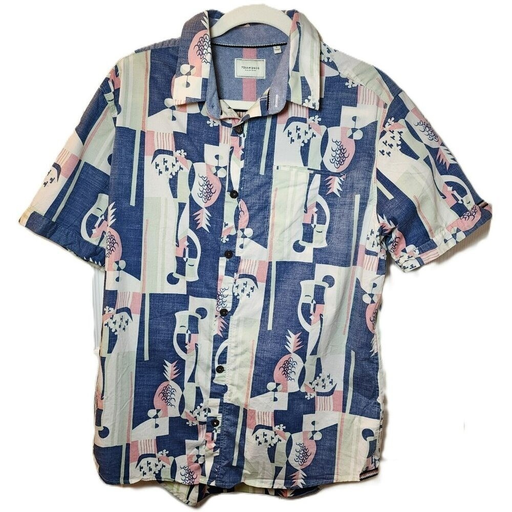 7Diamonds "Picasso Baby" Men's Tropical Print Button-Up Shirt L Travel Pre-owned